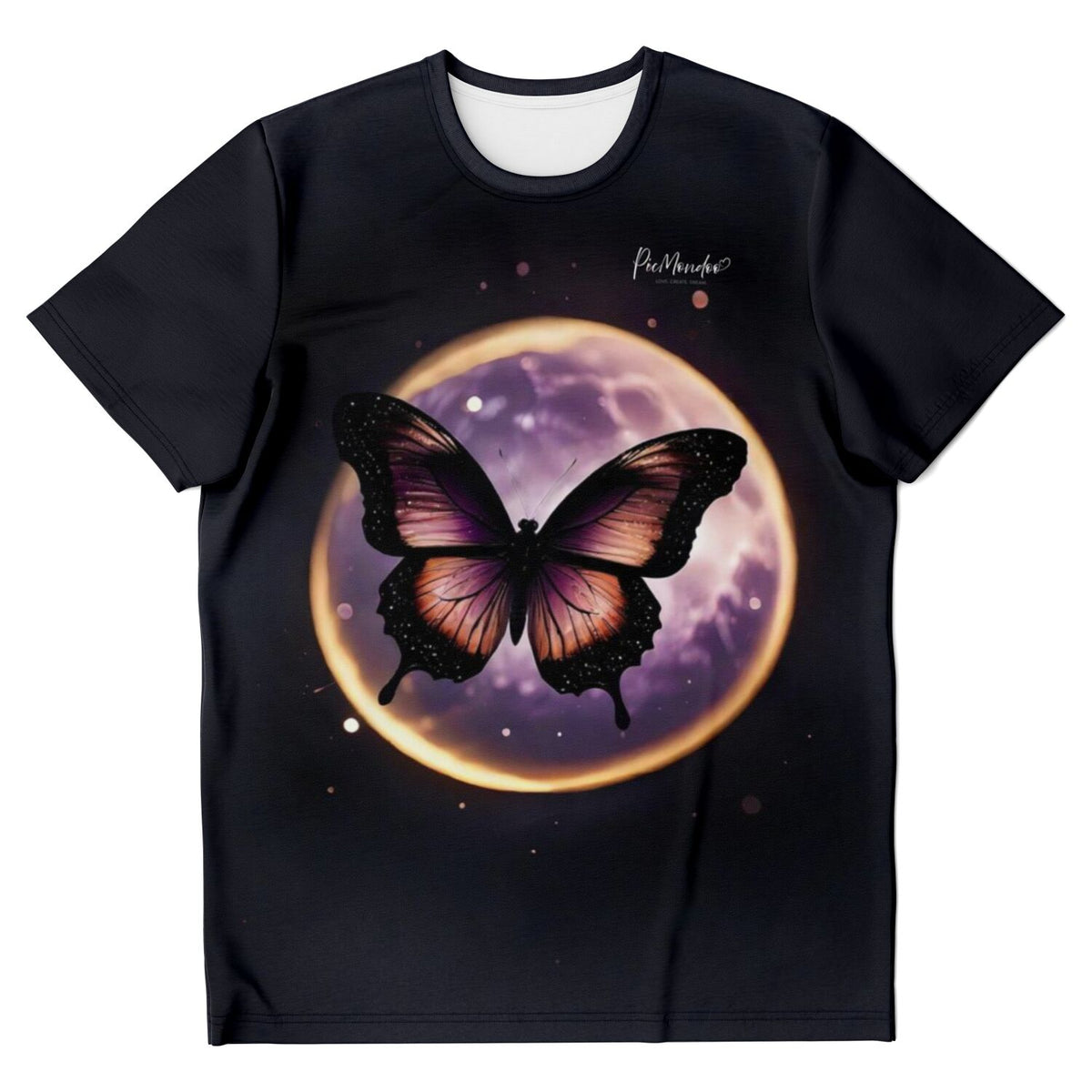 Schwarzes T-Shirt mit lila Schmetterling vor einem Mond – stilvolles Design wie bei unseren Diamond Painting Sets.