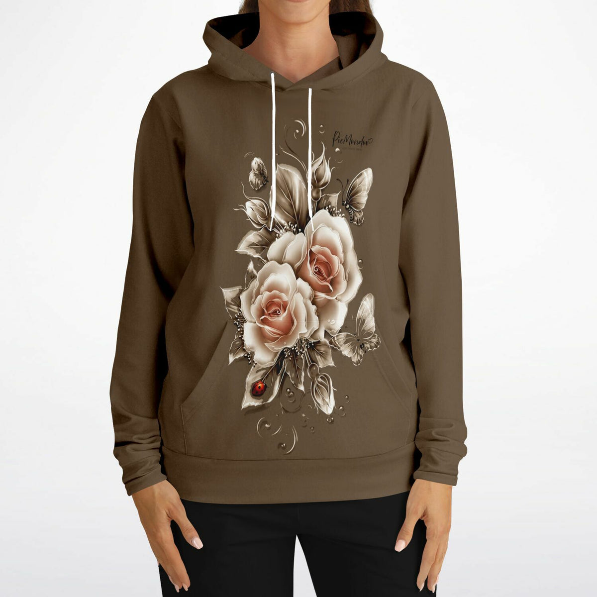 Brauner Dreamer Hoodie mit elegantem Goldene Rosen Motiv, Schmetterlingen und Picmondoo Branding.