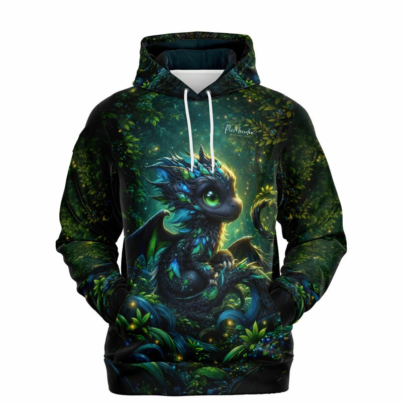 Dreamer Hoodie Drago – kleiner Drache in mystischem Wald, vollflächiger Allover-Print für Fans von Diamond Painting
