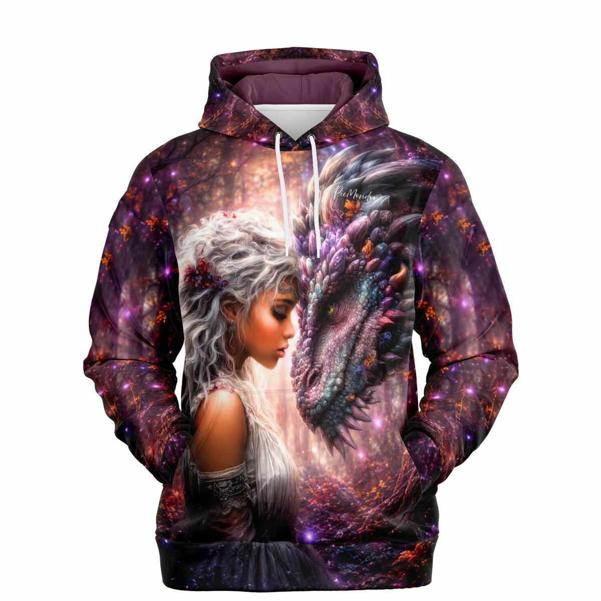 Dreamer Hoodie Seelenbund mit Fantasy-Motiv: Frau und Drache in leuchtendem Wald, perfekt für Diamond Painting Fans.