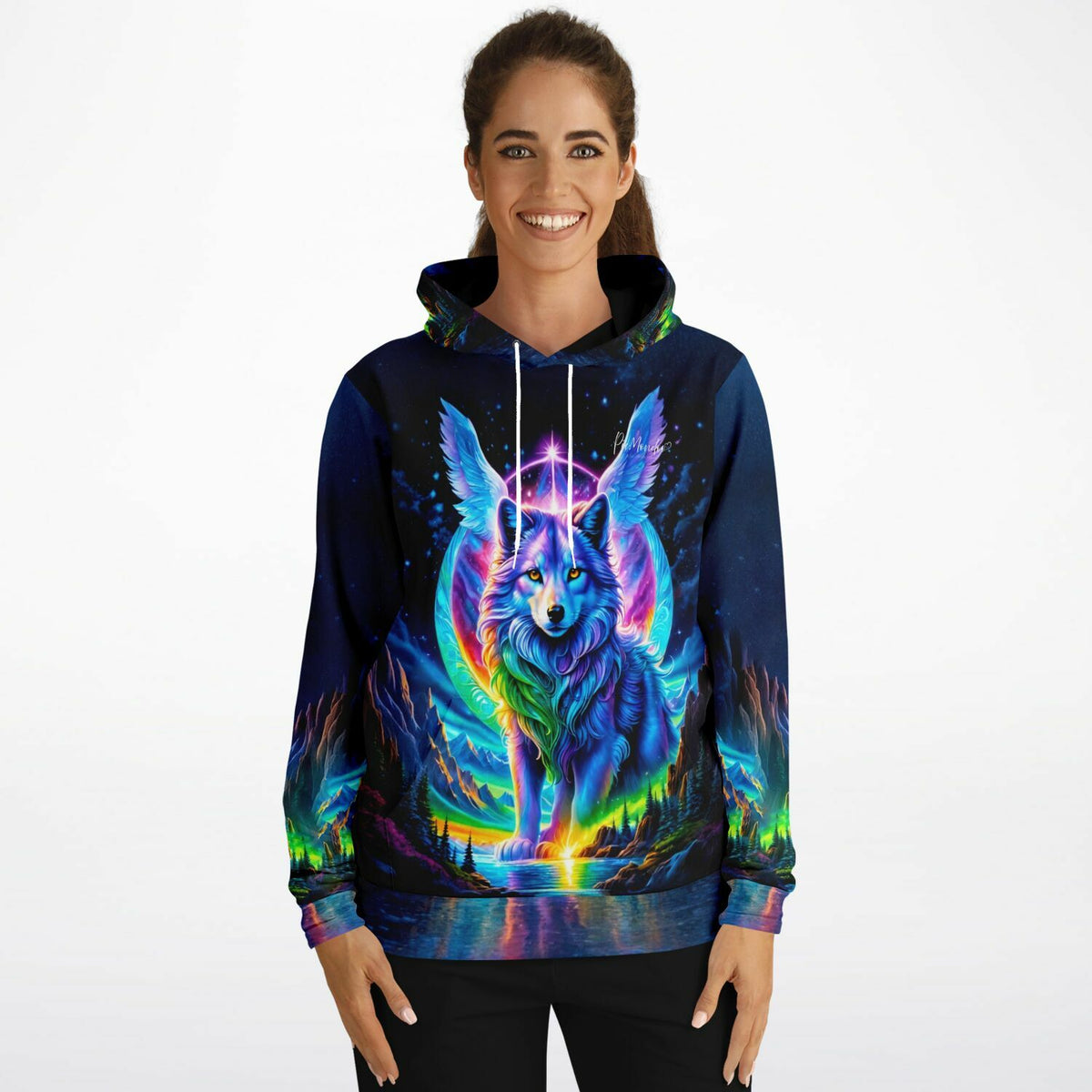 Dreamer Hoodie mit farbenfrohem, geflügeltem Wolf-Motiv im Stil unserer beliebten Diamond Painting und Malen nach Zahlen Sets.