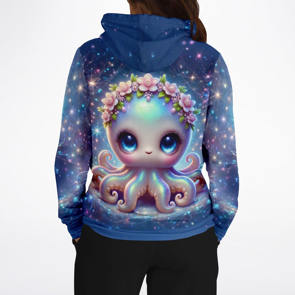 Dreamer Hoodie mit niedlichem Oktopus-Motiv, Blumenkranz und galaxy-artigem Hintergrund im hochwertigen Druck