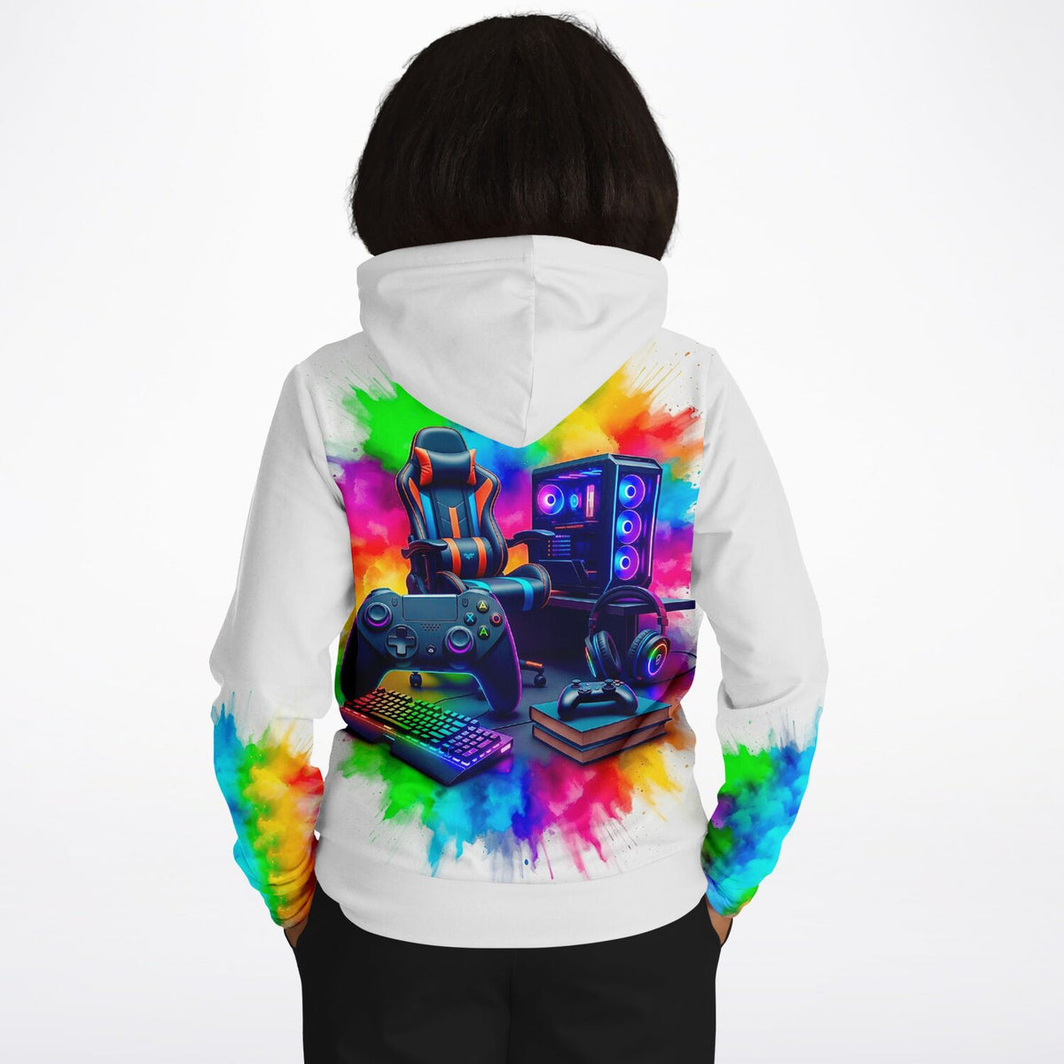 Weißer Hoodie mit buntem Gaming-Zone-Print, Gaming-Setup Motiv wie bei Malen nach Zahlen oder Diamond Painting
