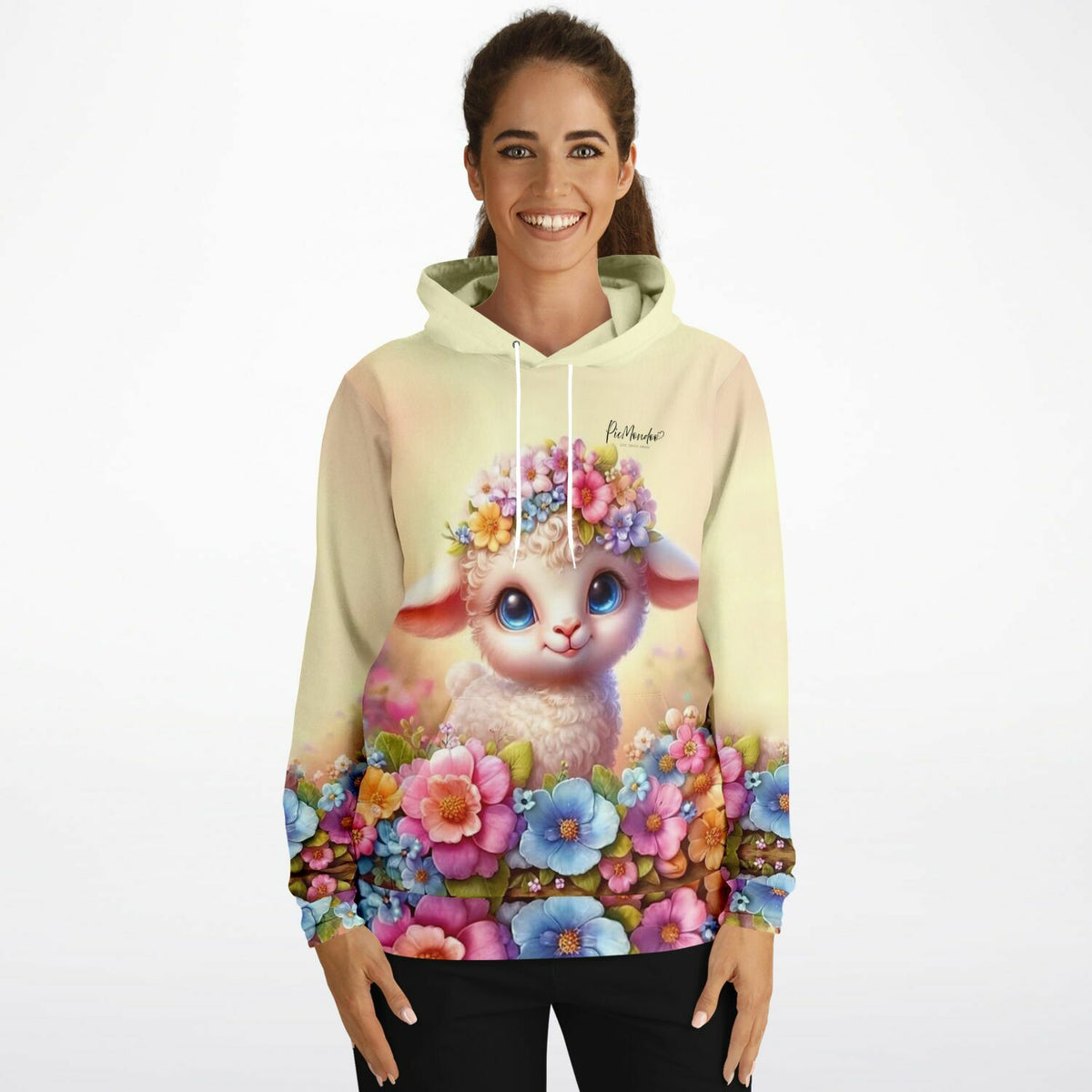 Dreamer Hoodie mit süßem Osterlämmchen Lupina Motiv und bunten Blumen, passend zum Stil von Malen nach Zahlen Designs.