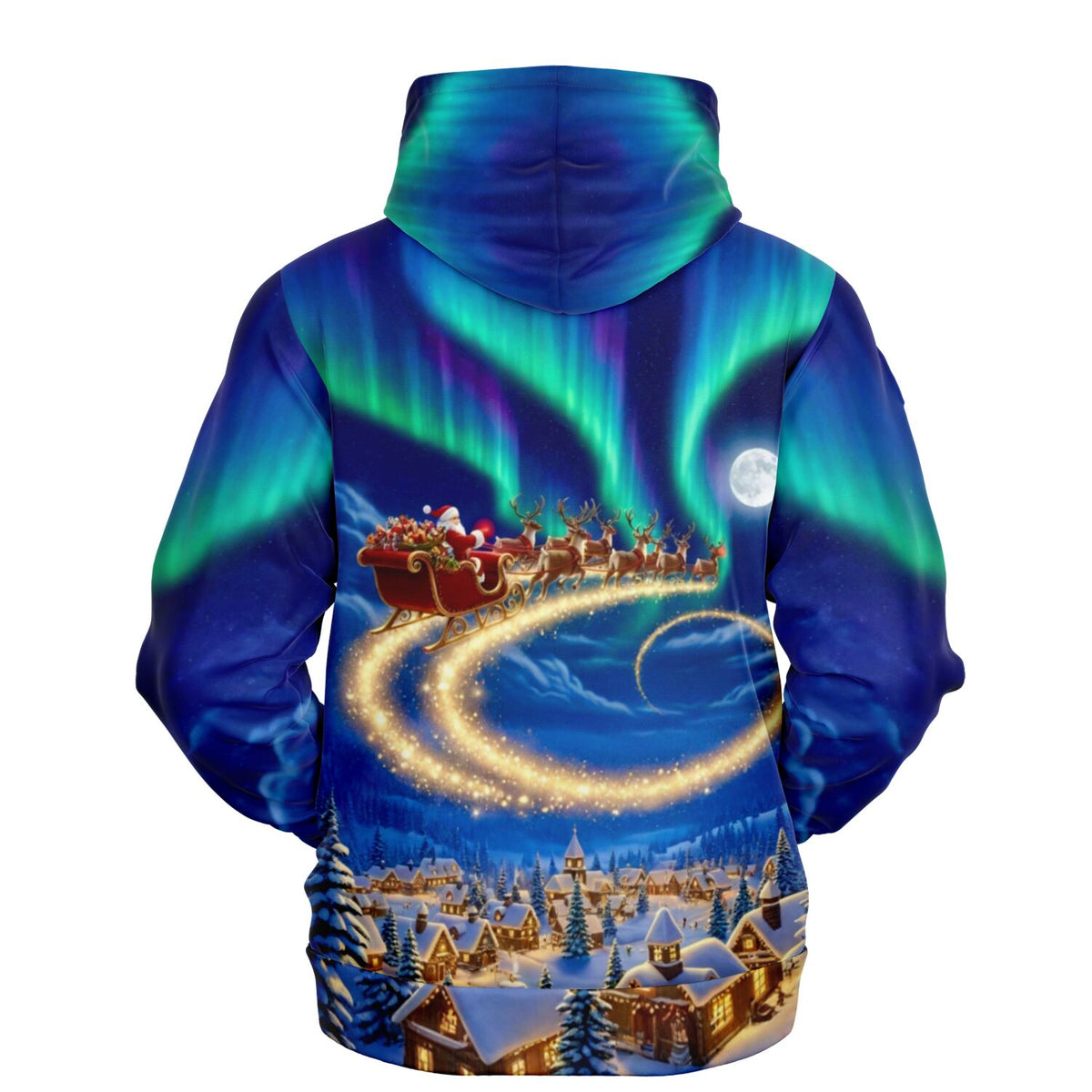 Dreamer Hoodie Christmas Edition mit Weihnachtsmann, Rentieren und Nordlichtern über einem verschneiten Dorf.