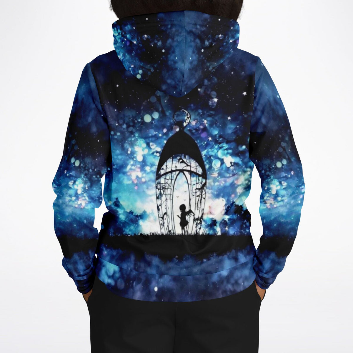 Dreamer Hoodie Engel der vielen Lichter mit blauem Galaxien-Motiv im Stil von Diamond Painting Kunst