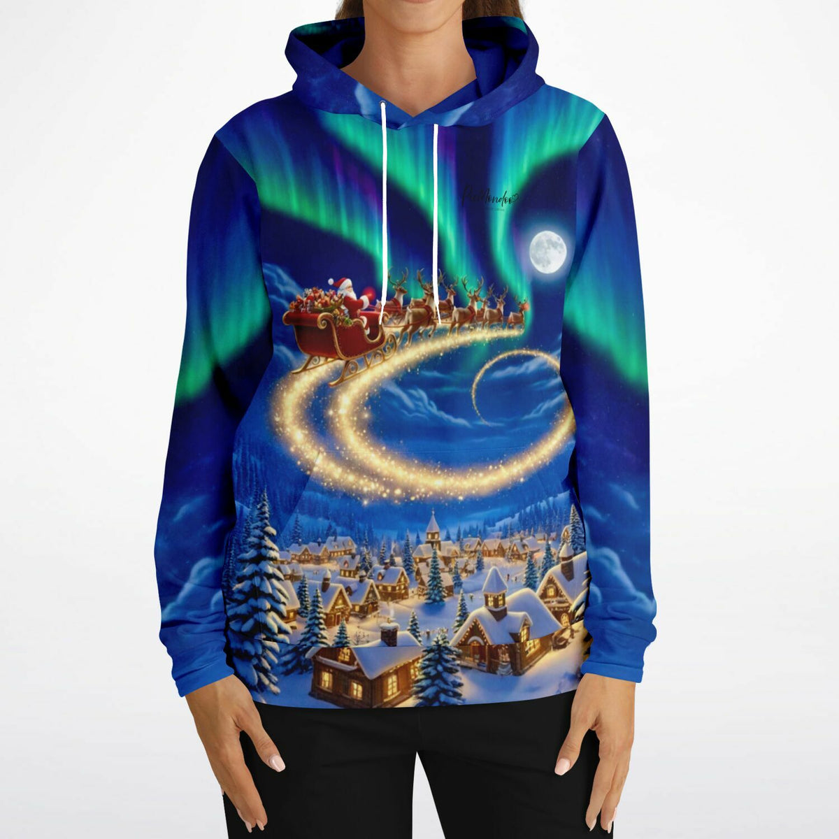 Weihnachts-Hoodie mit Nordlichtern und Weihnachtsmann-Schlitten Motiv, passend im Stil von Diamond Painting Kunstwerken.