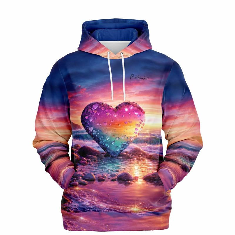 Dreamer Hoodie mit farbenfrohem Herz-Motiv, inspiriert von Diamond Painting Ästhetik und leuchtendem Meer-Sonnenuntergang