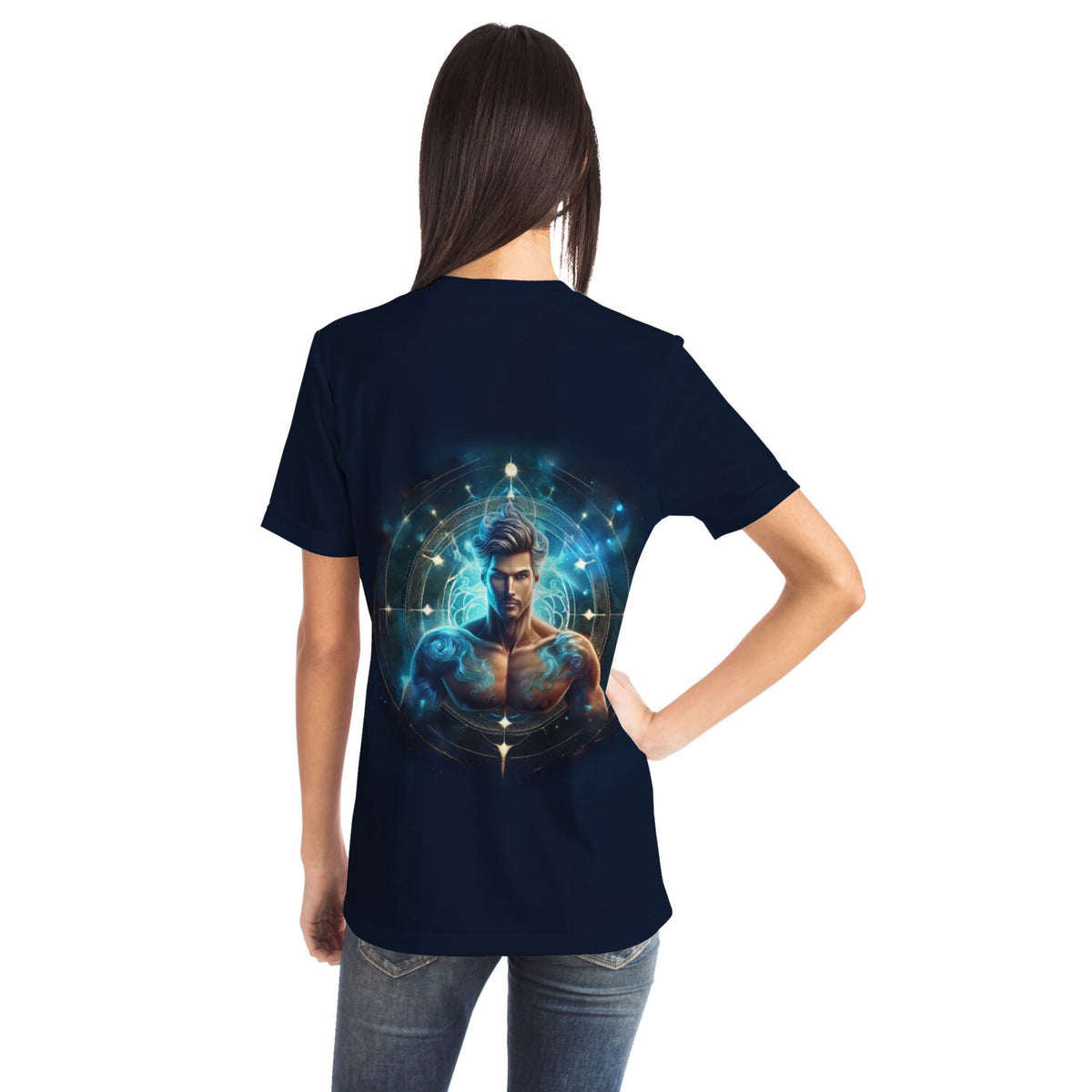 Dunkelblaues T-Shirt mit mystischem Wassermann-Sternzeichen-Motiv, ideal für Fans von kreativen Designs