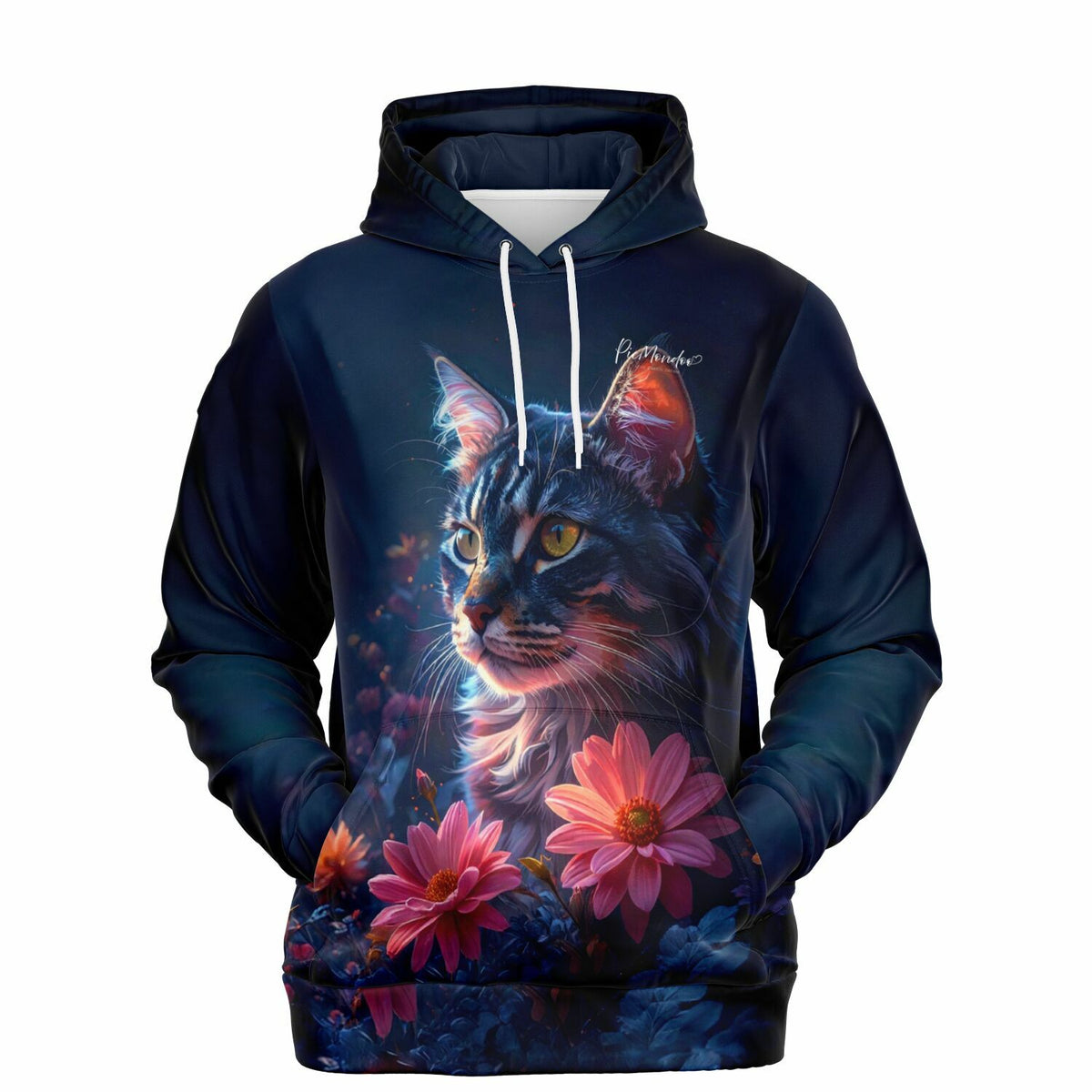 Dunkelblauer Dreamer Hoodie mit Katzen-Motiv, inspiriert von Diamond Painting Kunst im Segen der Bastet Design