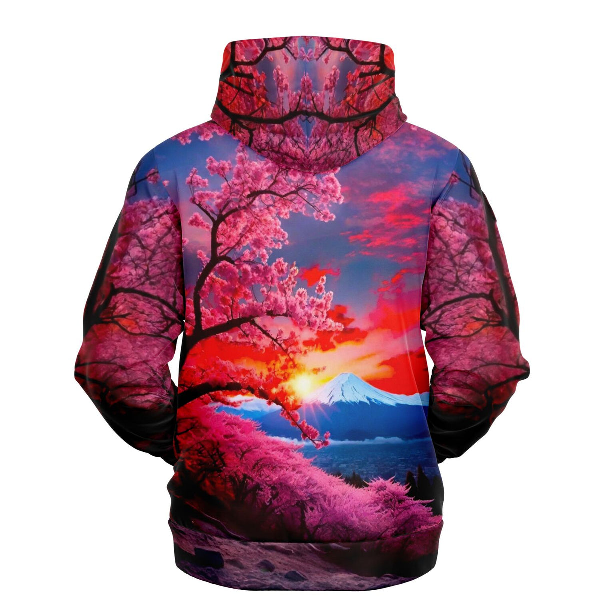 Dreamer Hoodie mit Kirschblüten-Berg Motiv in kräftigen Pink- und Rottönen, ideal für Kunst- und DIY-Fans