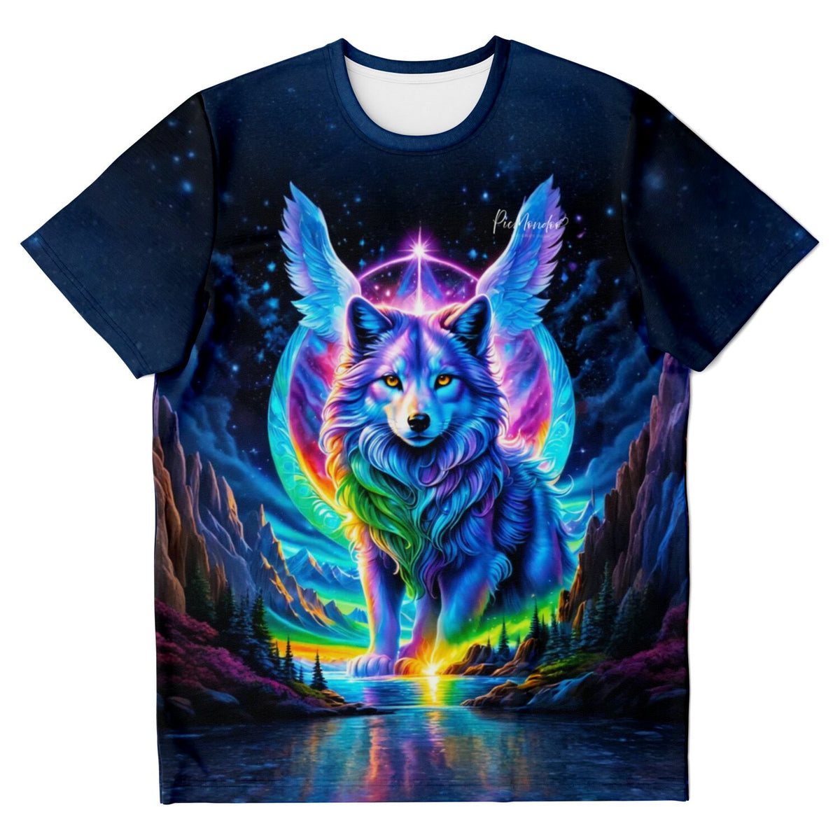 T-Shirt mit buntem Wolf-Motiv und Flügeln im Stil von Diamond Painting und Malen nach Zahlen Kunstwerken