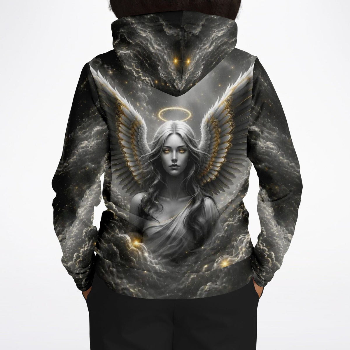 Schwarzer All-Over-Print Hoodie mit Golden Angel Motiv und Engelsflügeln im Stil unserer Diamond Painting Kunstdrucke