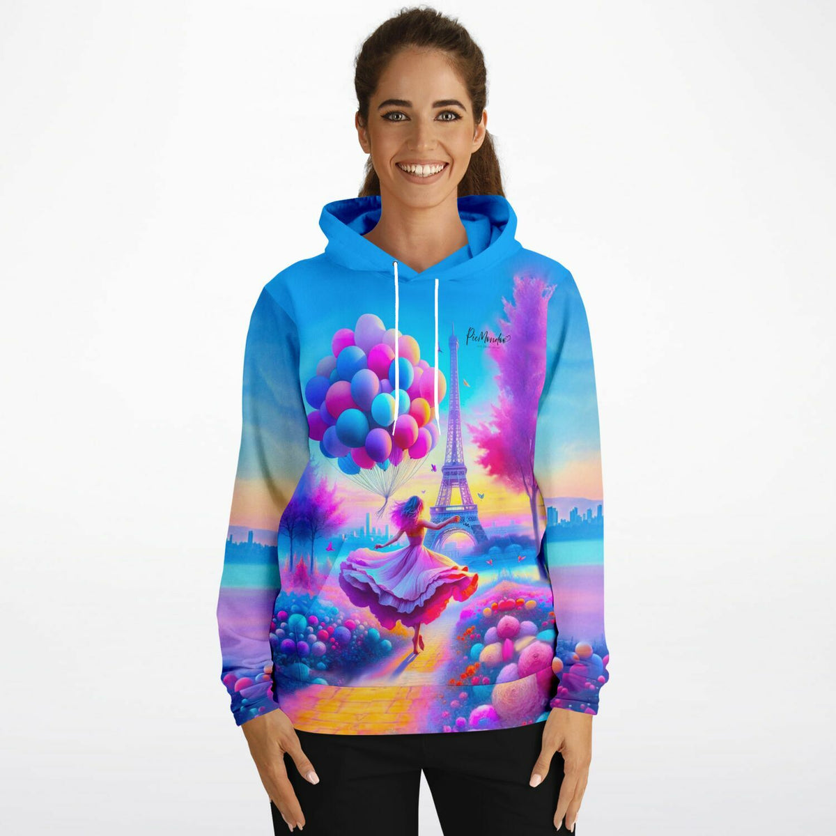 Frau trägt Hoodie mit verträumtem Paris-Motiv, Eiffelturm und bunten Luftballons im Diamond Painting Stil