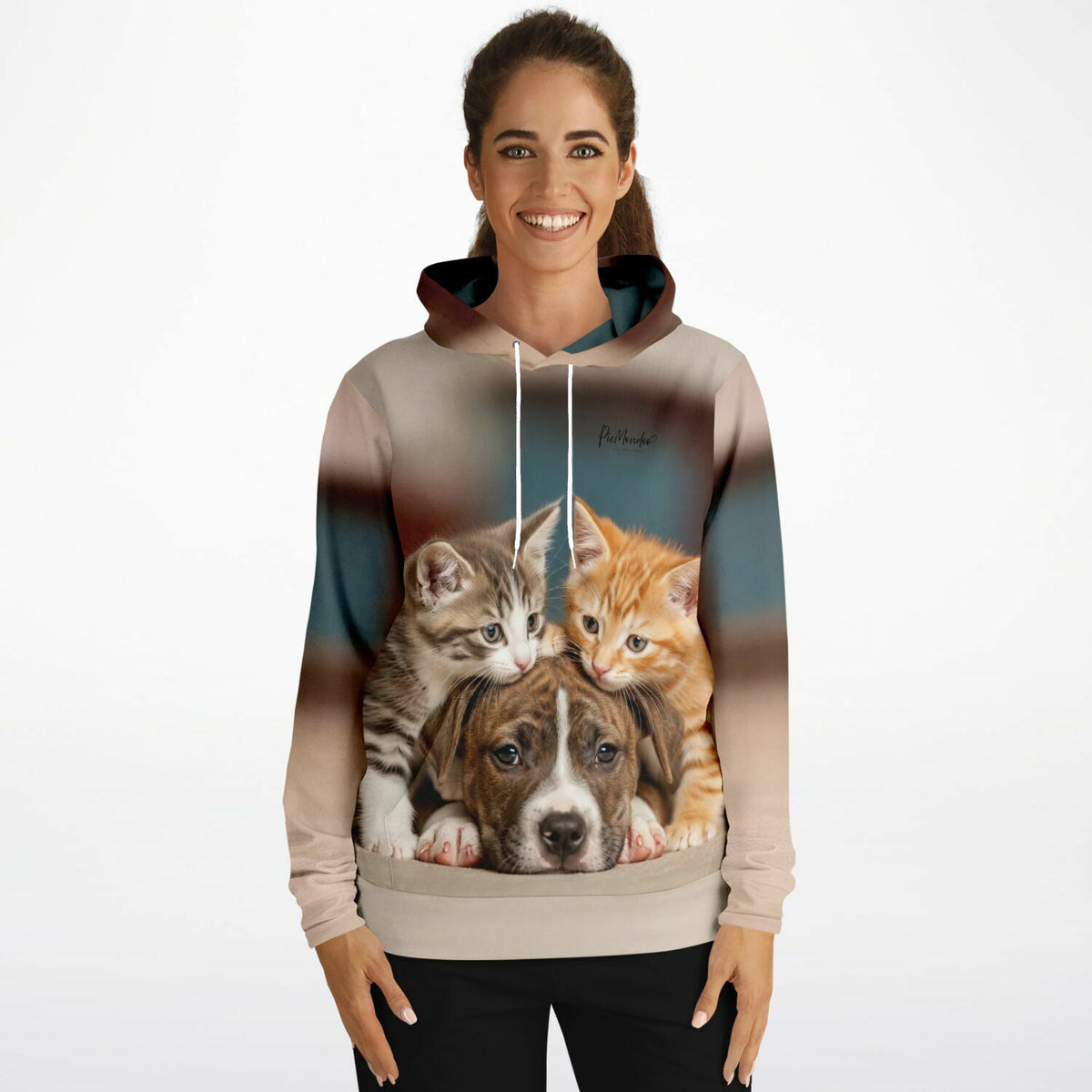 Dreamer Hoodie Friends for Life mit süßem Welpen und zwei Kätzchen, hochwertiger AOP-Druck von Picmondoo