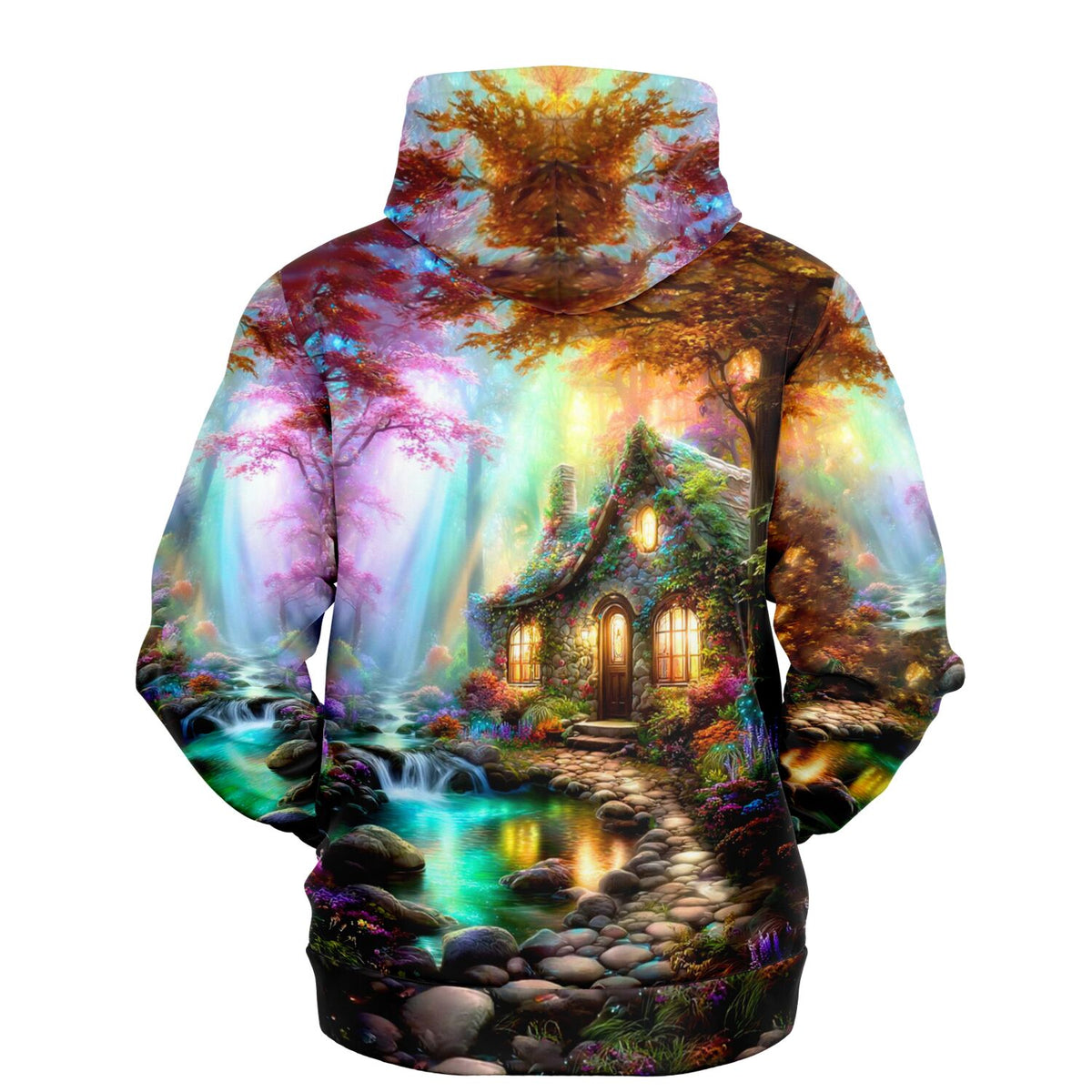 Hoodie mit atmosphärischem Motiv eines leuchtenden Waldhauses am Bach, inspiriert durch Malen nach Zahlen Designs