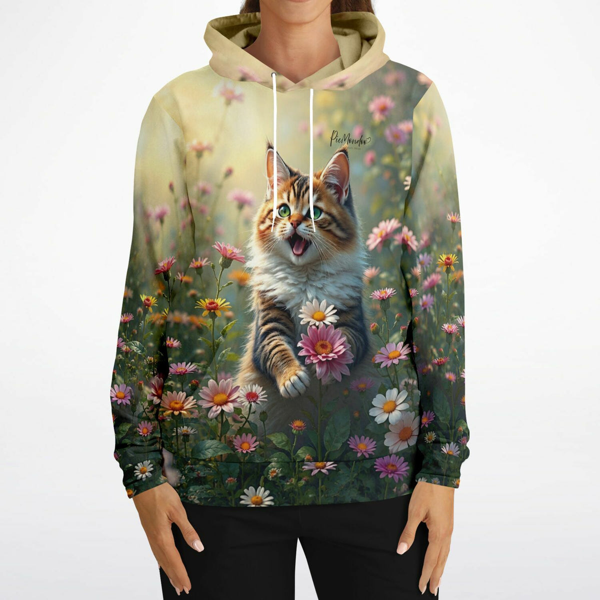 Dreamer Hoodie Lucy mit süßem Katzen-Motiv in Blumenwiese, passend zu Diamond Painting und Malen nach Zahlen Stil.