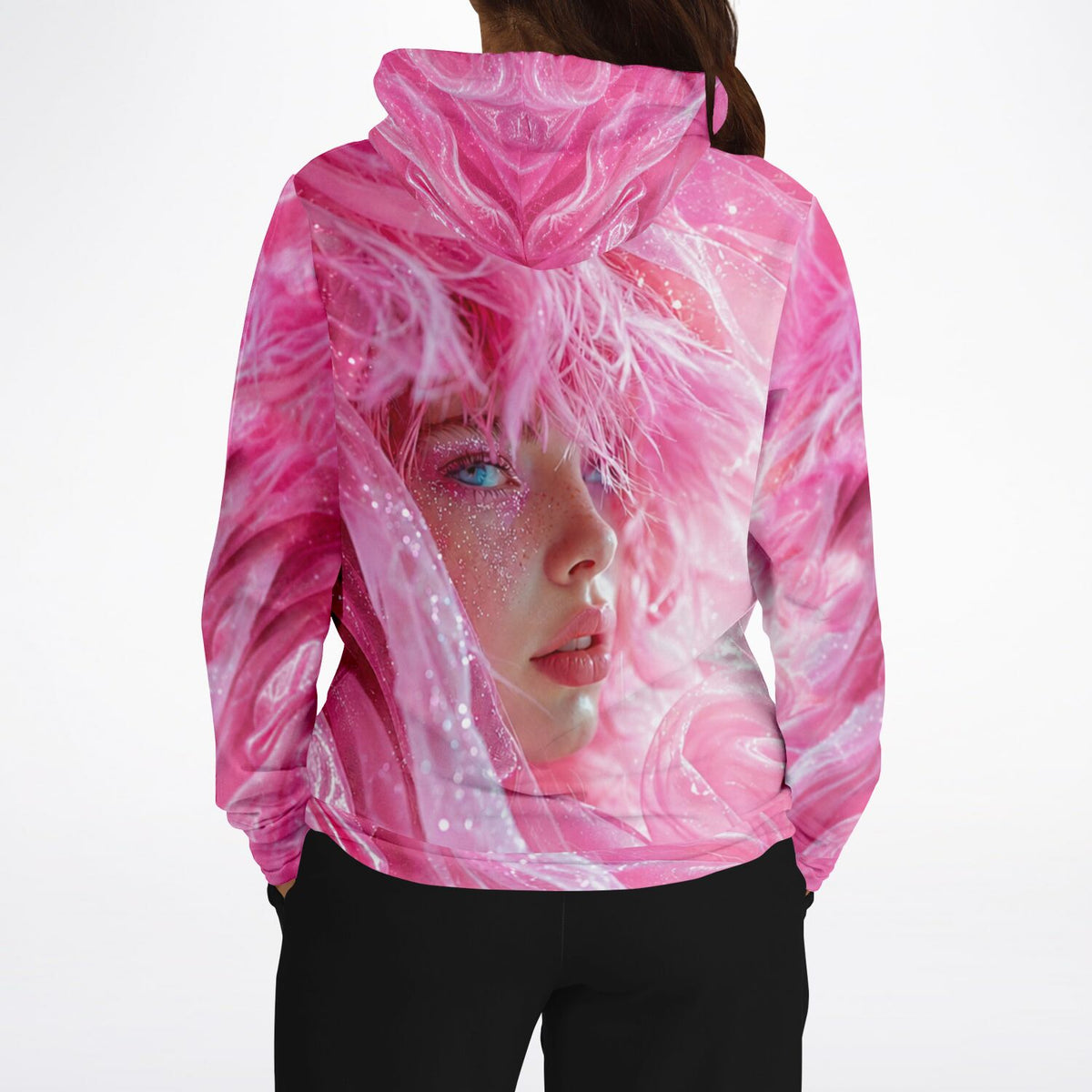 Pink Dreamer Hoodie mit kunstvollem Porträtmotiv in leuchtendem Rosa, ideal für Fans von Diamond Painting Design.