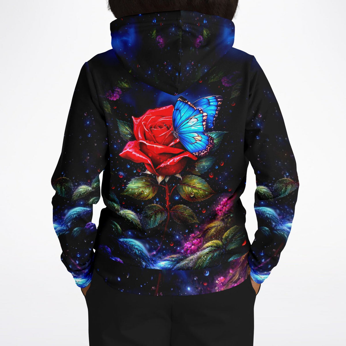 Dreamer Hoodie mit leuchtender roter Rose und blauem Schmetterling im Stil beliebter Diamond Painting Motive