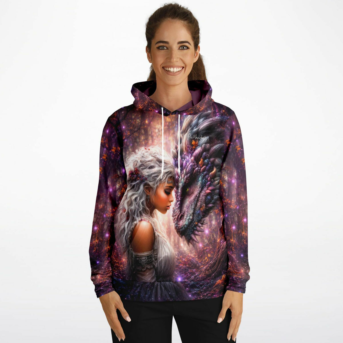 Dreamer Hoodie Seelenbund mit Fantasy-Motiv von einer Frau und Drachen im magischen Wald als Diamond Painting Stil