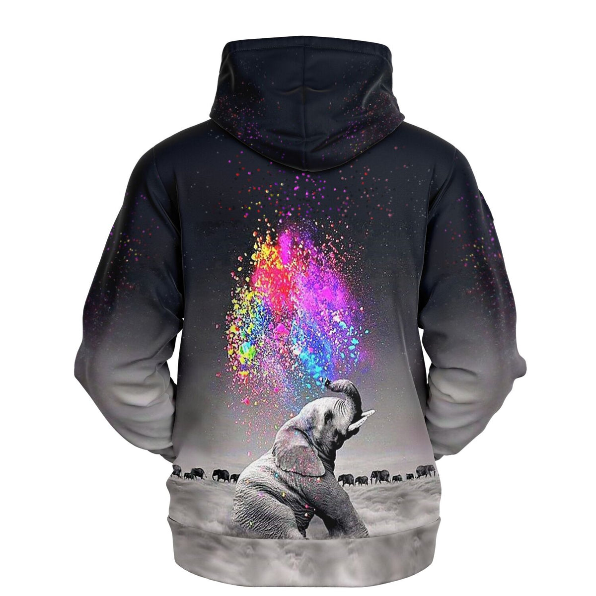 Schwarzer Dreamer Hoodie mit Elefant-Motiv und buntem Farbenspiel-Print, inspiriert von Diamond Painting Kunstdesigns