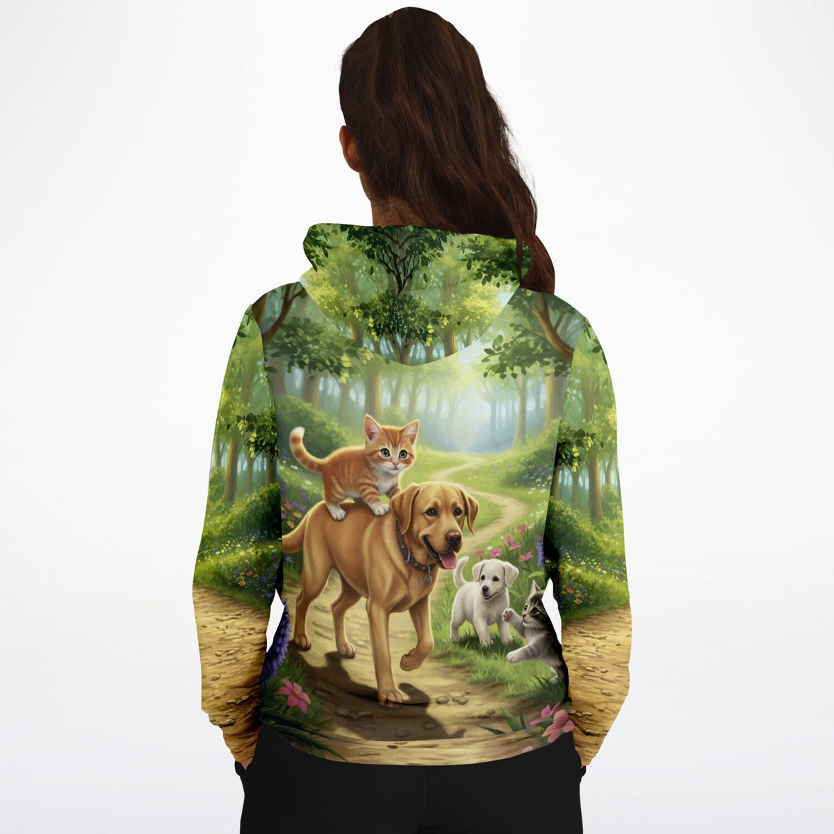 Dreamer Hoodie Waldspaziergang mit Hund und Katzen Motiv, Full-Print Style für Fans von Malen nach Zahlen Motiven