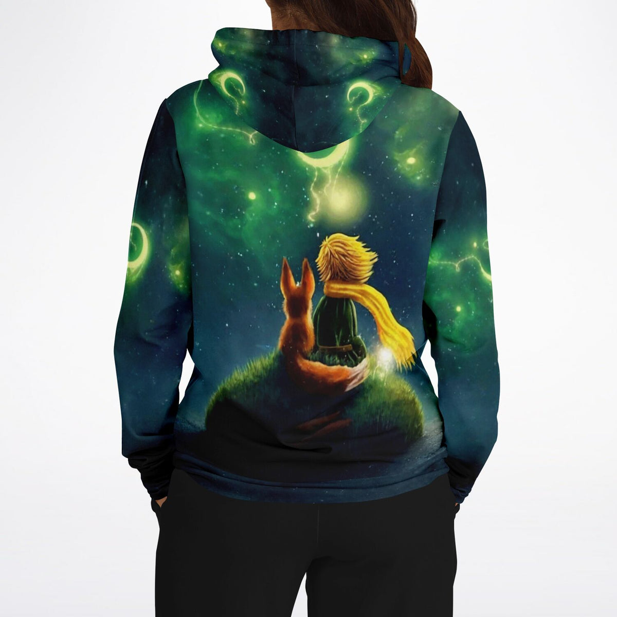 Dreamer Hoodie mit Leuchtbild-Motiv vom kleinen Prinzen und Fuchs im Sternenhimmel im Stil von Diamond Painting Kunst