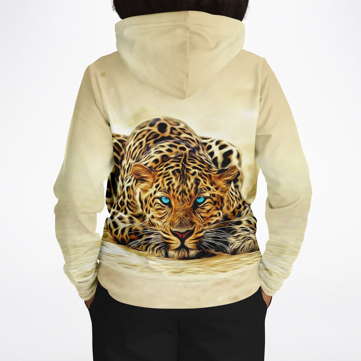 Hoodie mit Leoparden Motiv und leuchtend blauen Augen, hochwertiger Allover-Print im Stil unserer DIY Kunstwerke