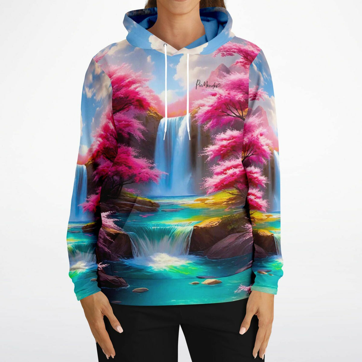 Dreamer Hoodie mit Kirschblüten- und Wasserfall-Motiv, kunstvolles Design im Stil von Malen nach Zahlen für Erwachsene