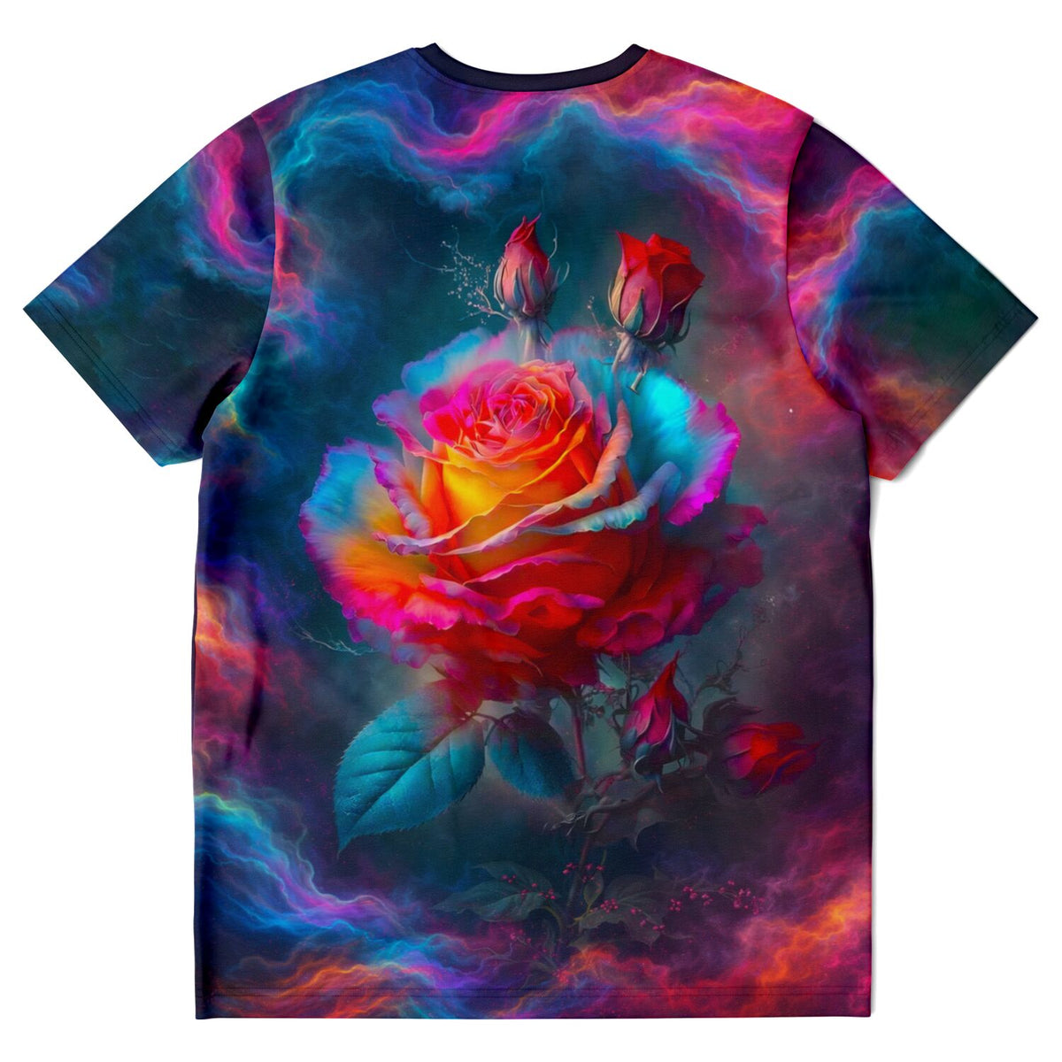 T-Shirt mit farbenfrohem Rosenblüten-Design auf buntem Nebelhintergrund, inspiriert durch Diamond Painting Motive.