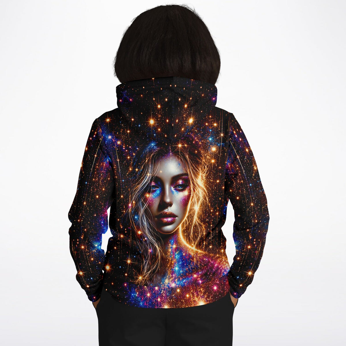 Dreamer Hoodie Elara mit kosmischem Galaxy-Motiv und mystischem Frauenporträt, perfekt für Fans von Diamond Painting
