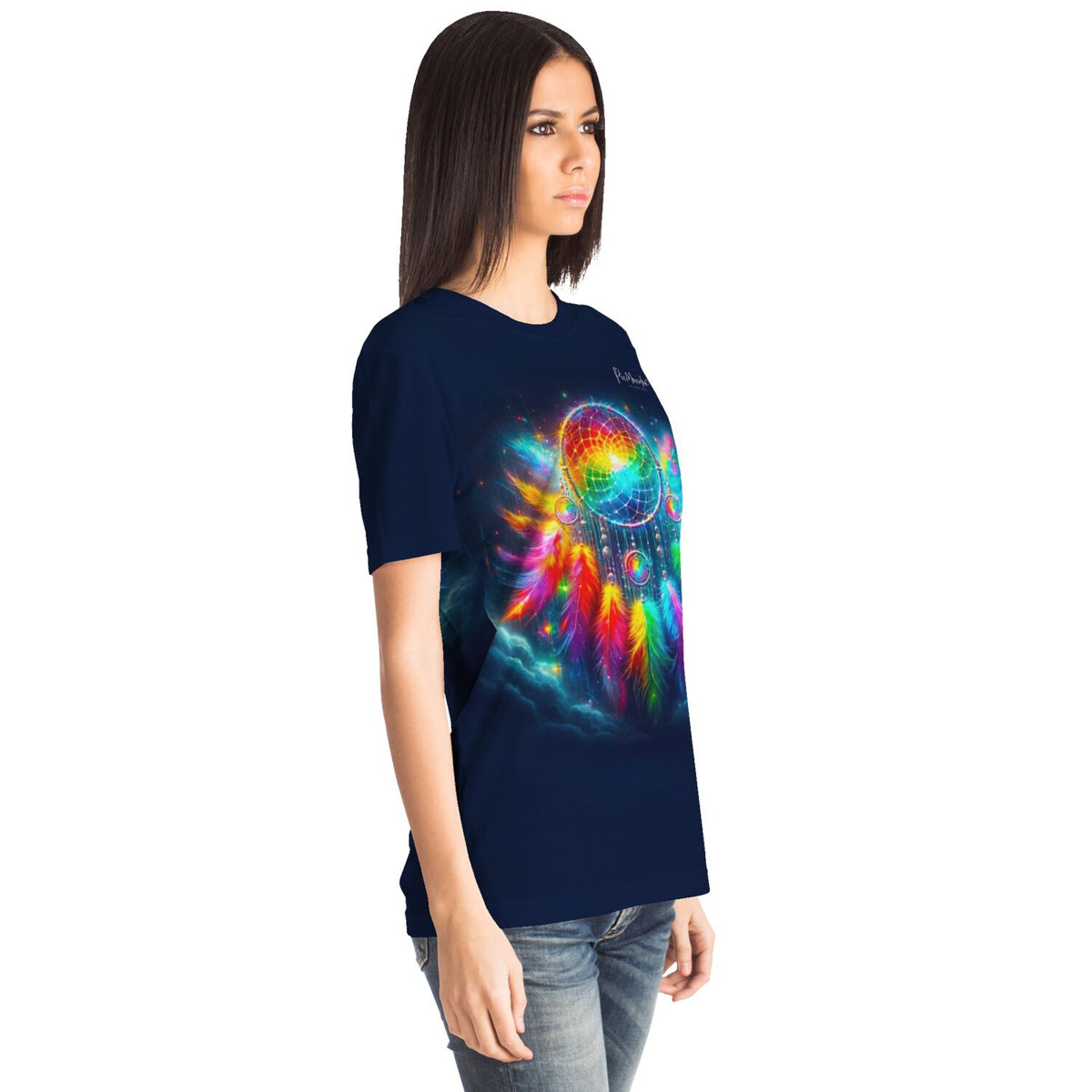 Dunkelblaues T-Shirt mit buntem Traumfänger-Motiv und leuchtenden Federn im Stil bekannter Diamond Painting Designs