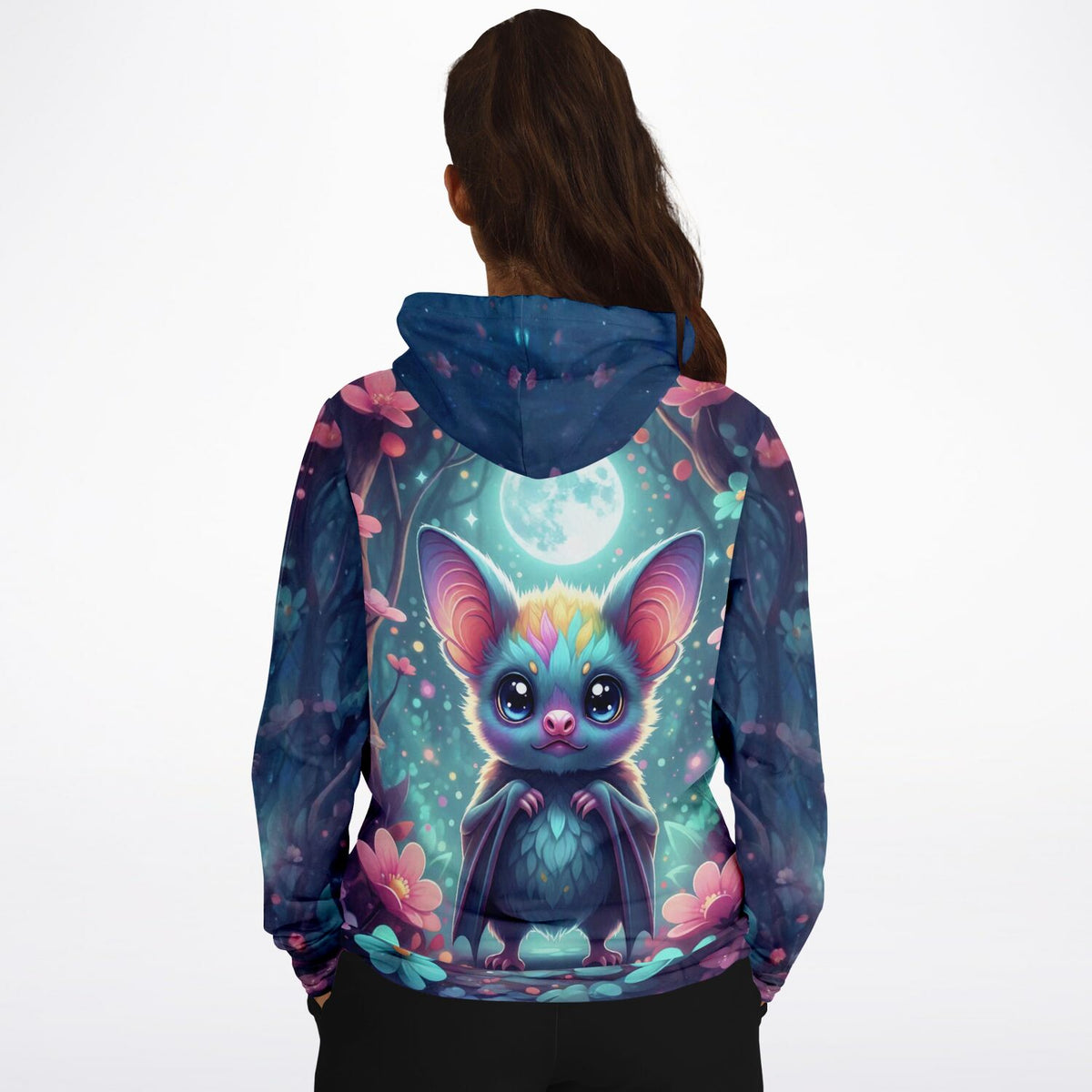 Dreamer Hoodie mit buntem Freddy Fledermaus Motiv im Wald bei Mondschein für Fans von Malen nach Zahlen und Kunst