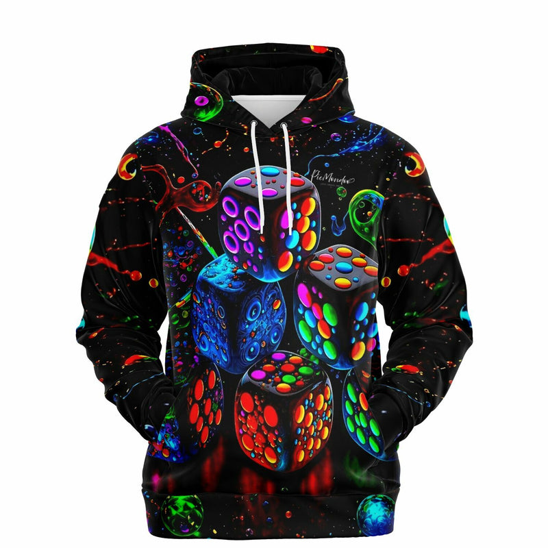 Schwarzer Dreamer Hoodie mit buntem Neon-Würfel-Motiv im Stil von Diamond Painting und Malen nach Zahlen Designs.