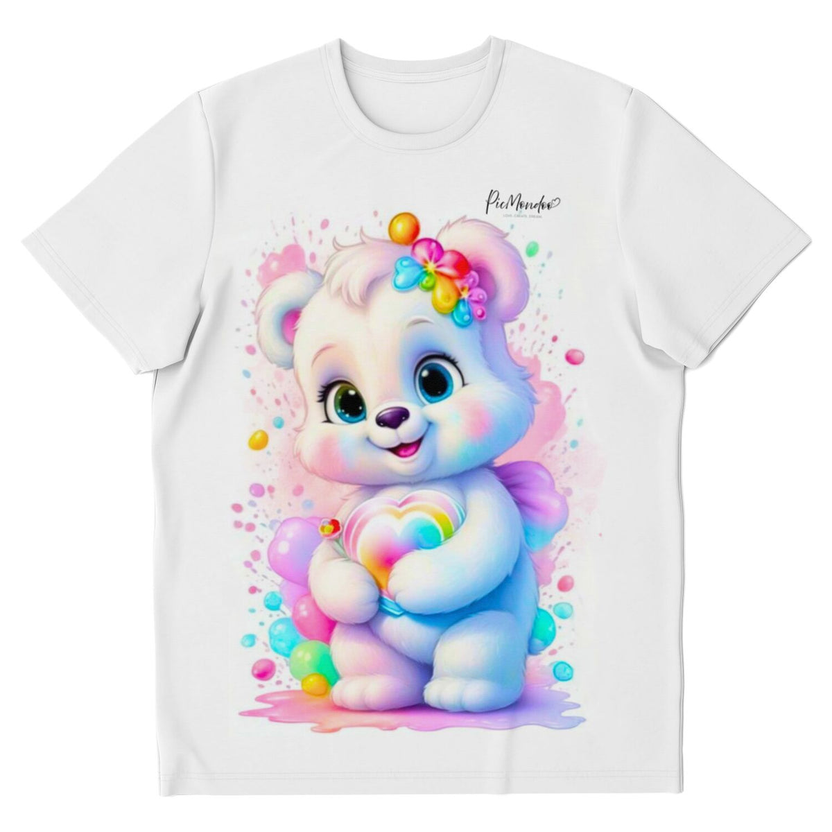 Weißes T-Shirt mit niedlichem Herzensbärchen-Motiv im bunten Aquarell-Stil, passend zu Diamond Painting und Malen nach Zahlen