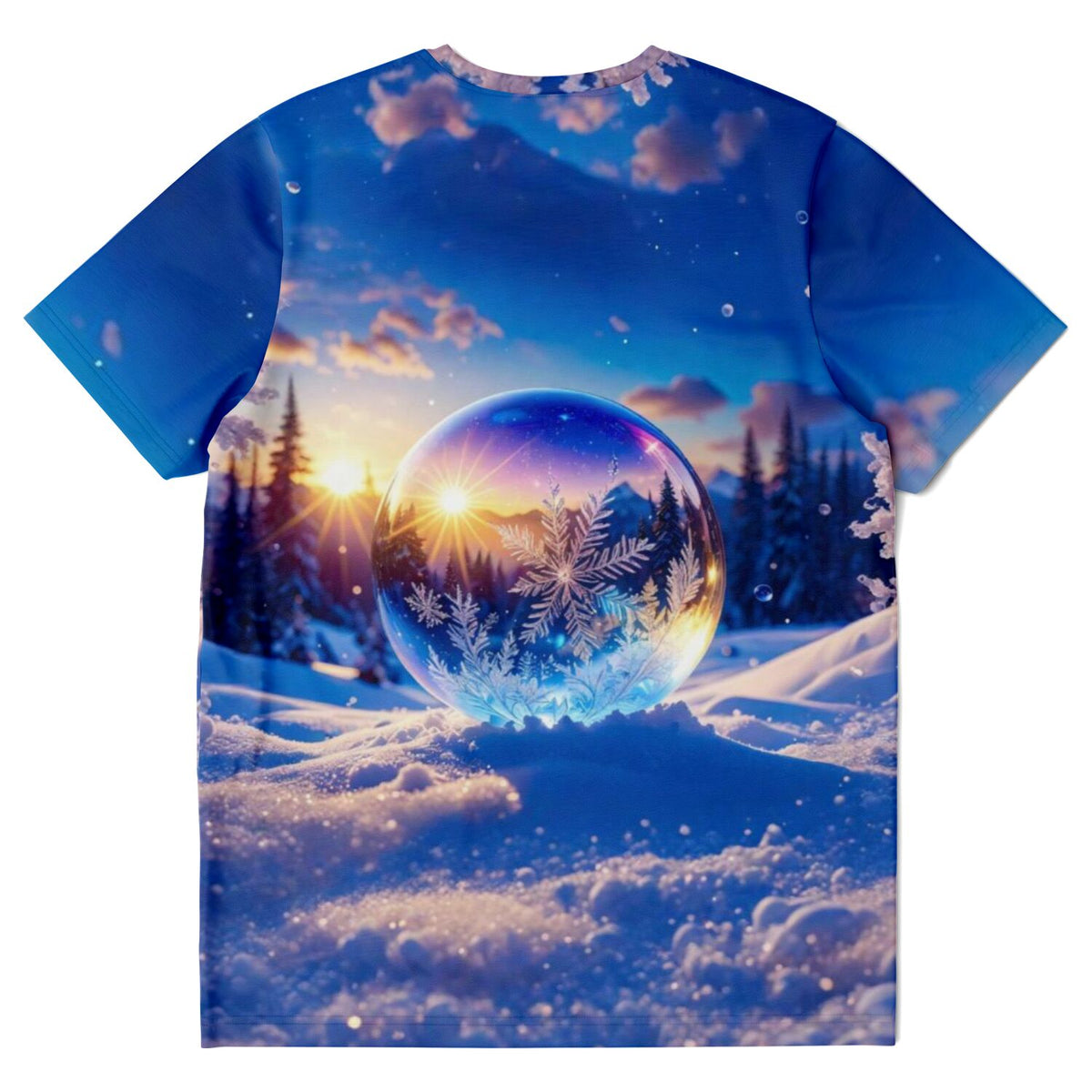 T-Shirt mit Kristallwelt Motiv: Winterlandschaft mit Schneekugel, Sonnenuntergang und Schneeflocken für Hobbykünstler.