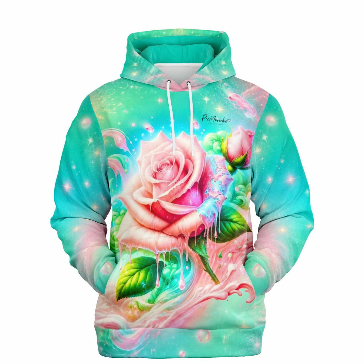 Dreamer Hoodie Candy Rose mit kunstvollem Rosen-Motiv in Mint und Pink passend zum ästhetischen Diamond Painting Look.