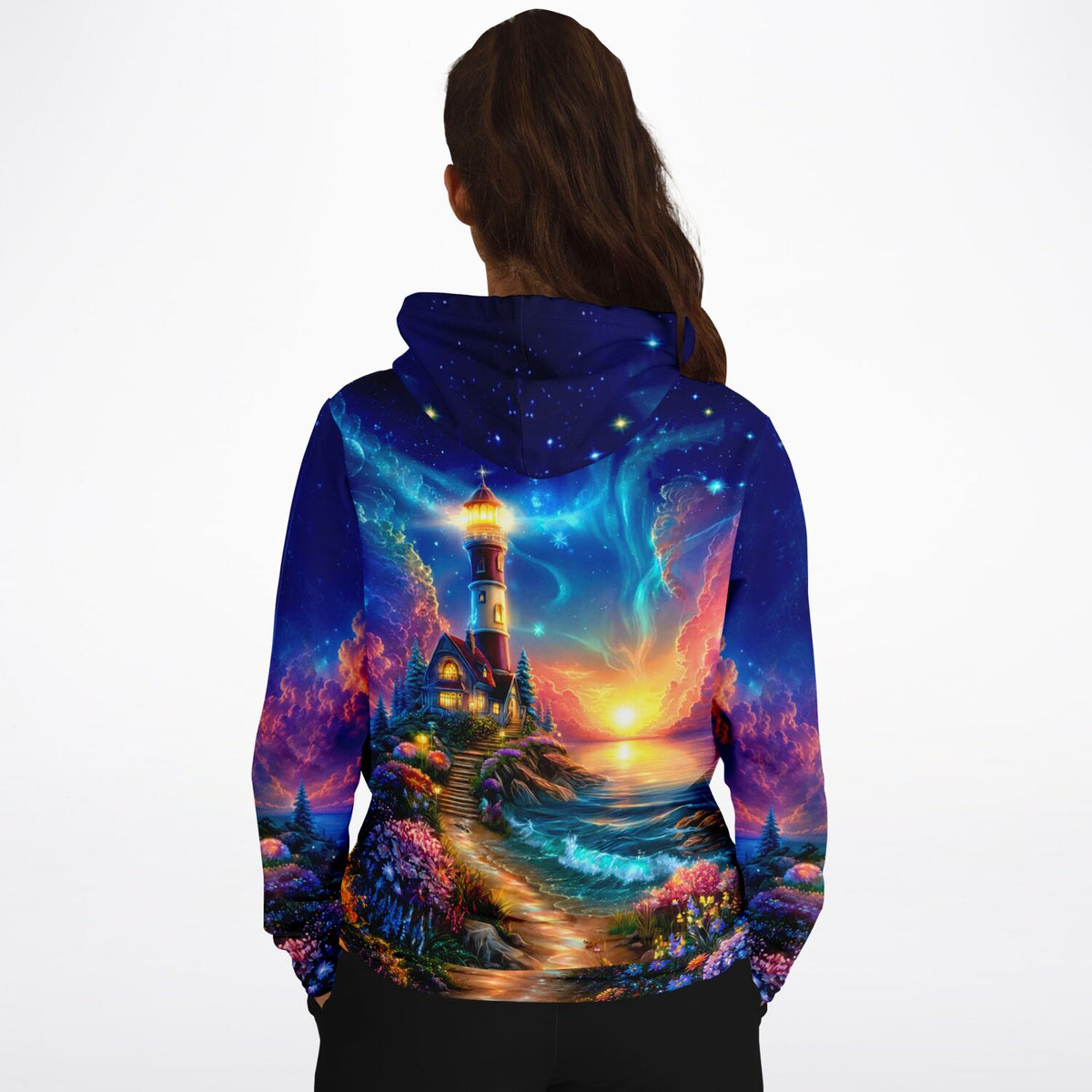 Dreamer Hoodie Wächter des Horizonts mit Leuchtturm Motiv im Stil von Malen nach Zahlen und Diamond Painting Kunst