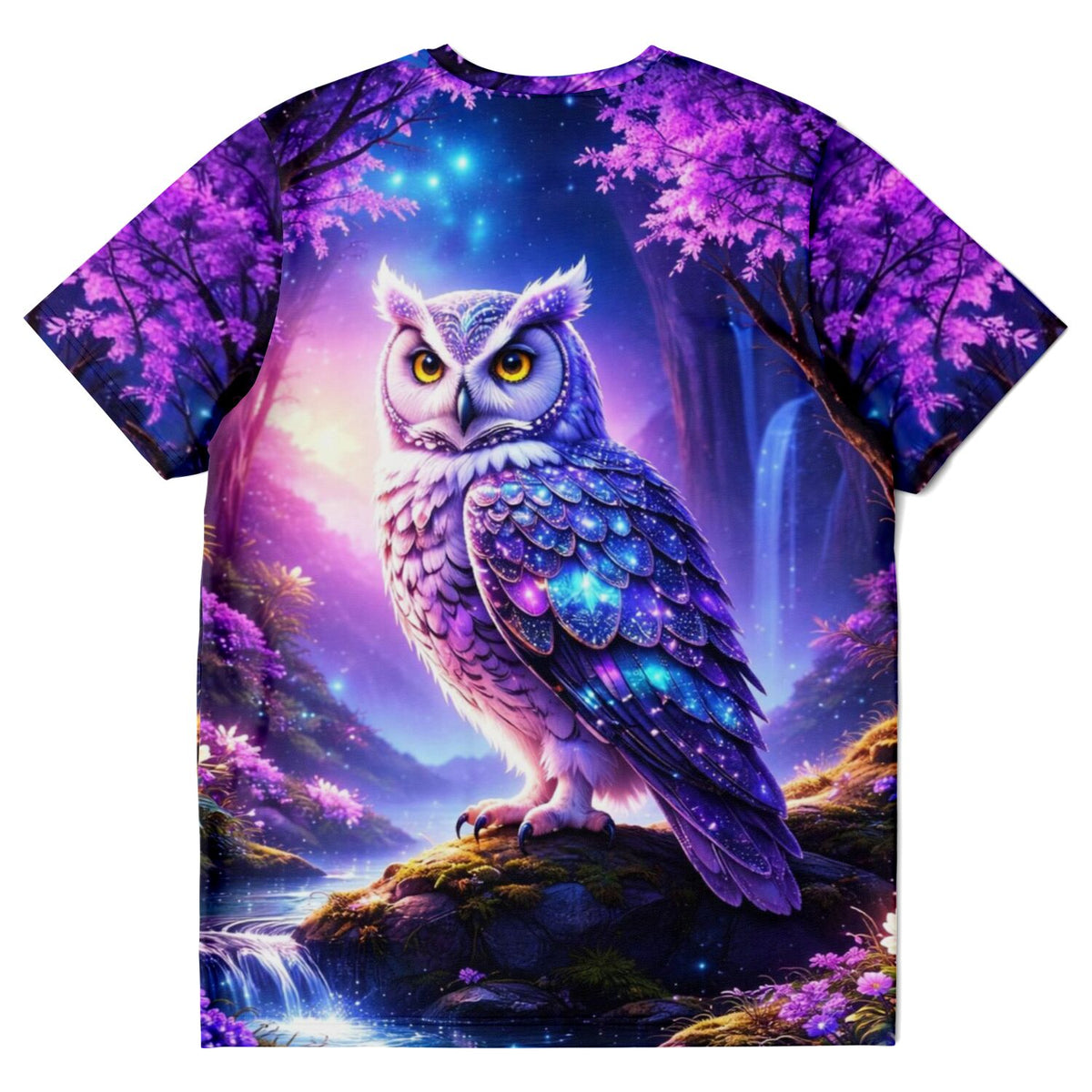 T-Shirt mit Eulen-Motiv im Fantasystil, ähnlich farbenfroh wie ein Diamond Painting oder Malen nach Zahlen für Erwachsene.