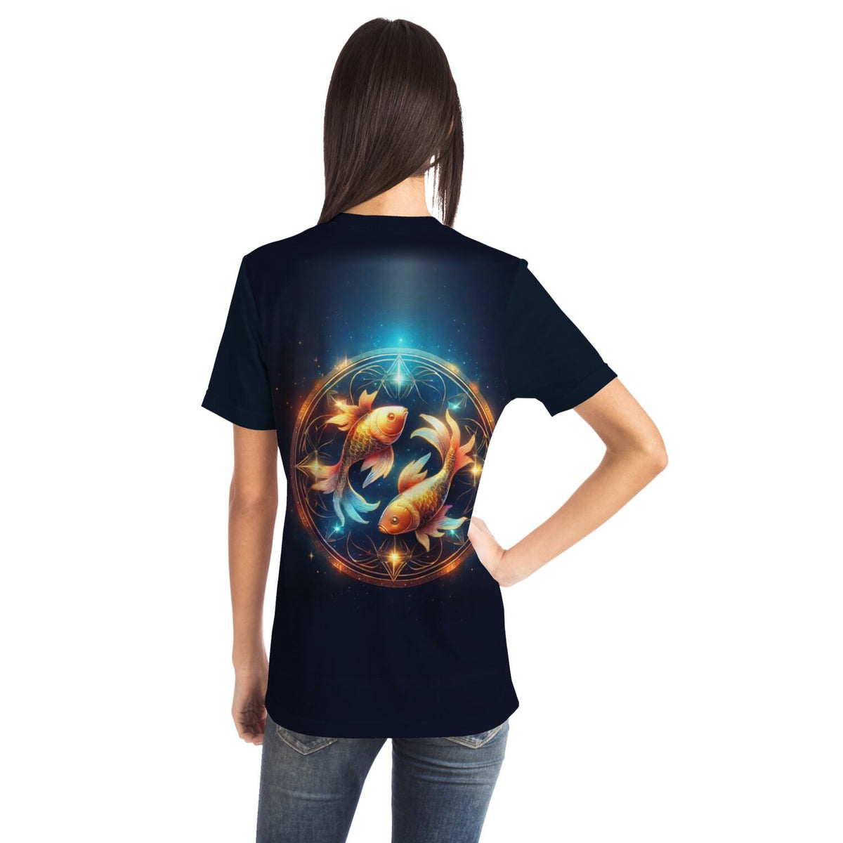 Dunkelblaues Dreamer T-Shirt für Erwachsene mit leuchtendem Sternzeichen Fisch Motiv im Stil von Diamond Painting Kunst