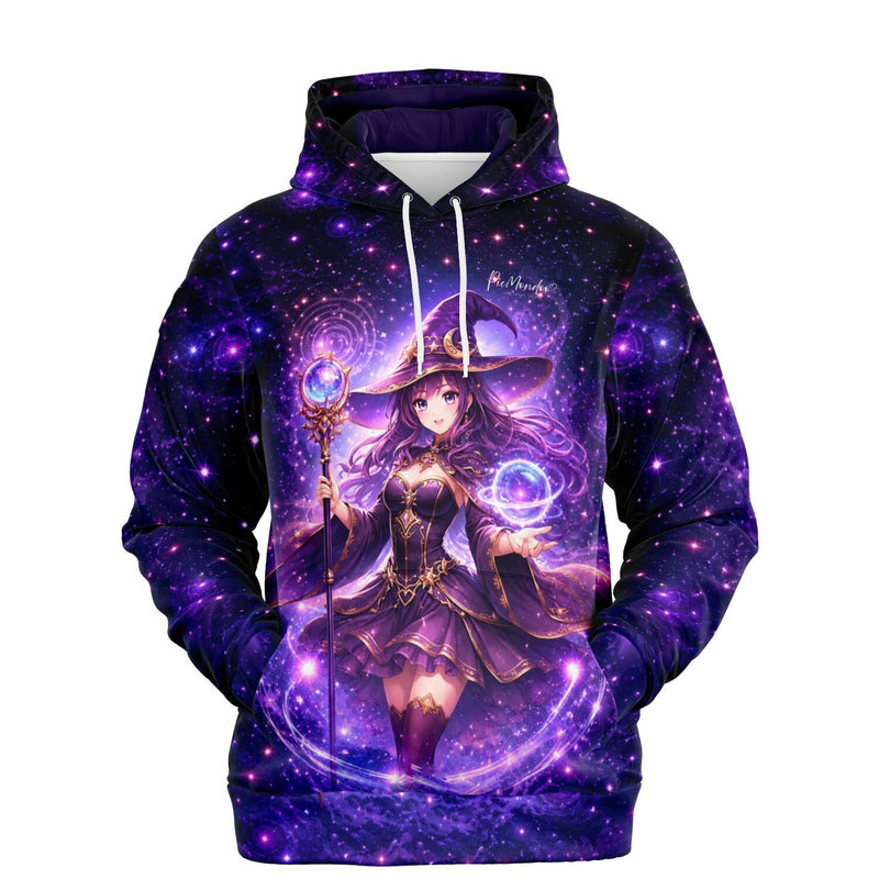 Dreamer Hoodie Celestara mit lilafarbenem Weltraum-Motiv und Anime-Hexe, inspiriert von Diamond Painting Kunstwerken