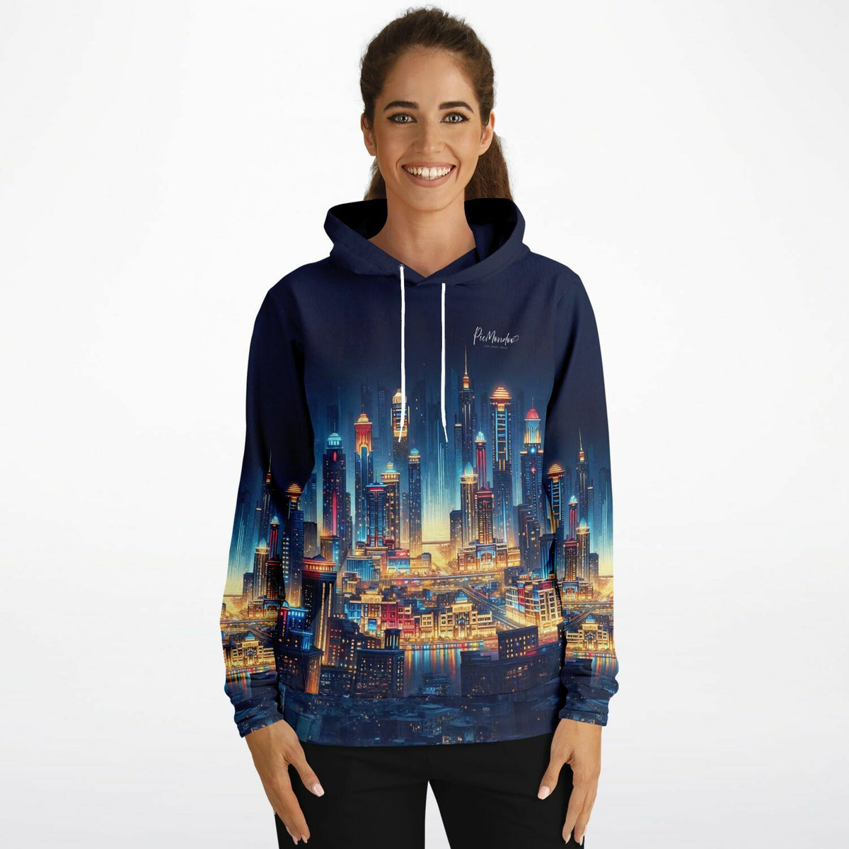 Frau trägt Dreamer Hoodie Stadt der Lichter mit leuchtendem Skyline-Design in bester Qualität für Diamond Painting Fans.