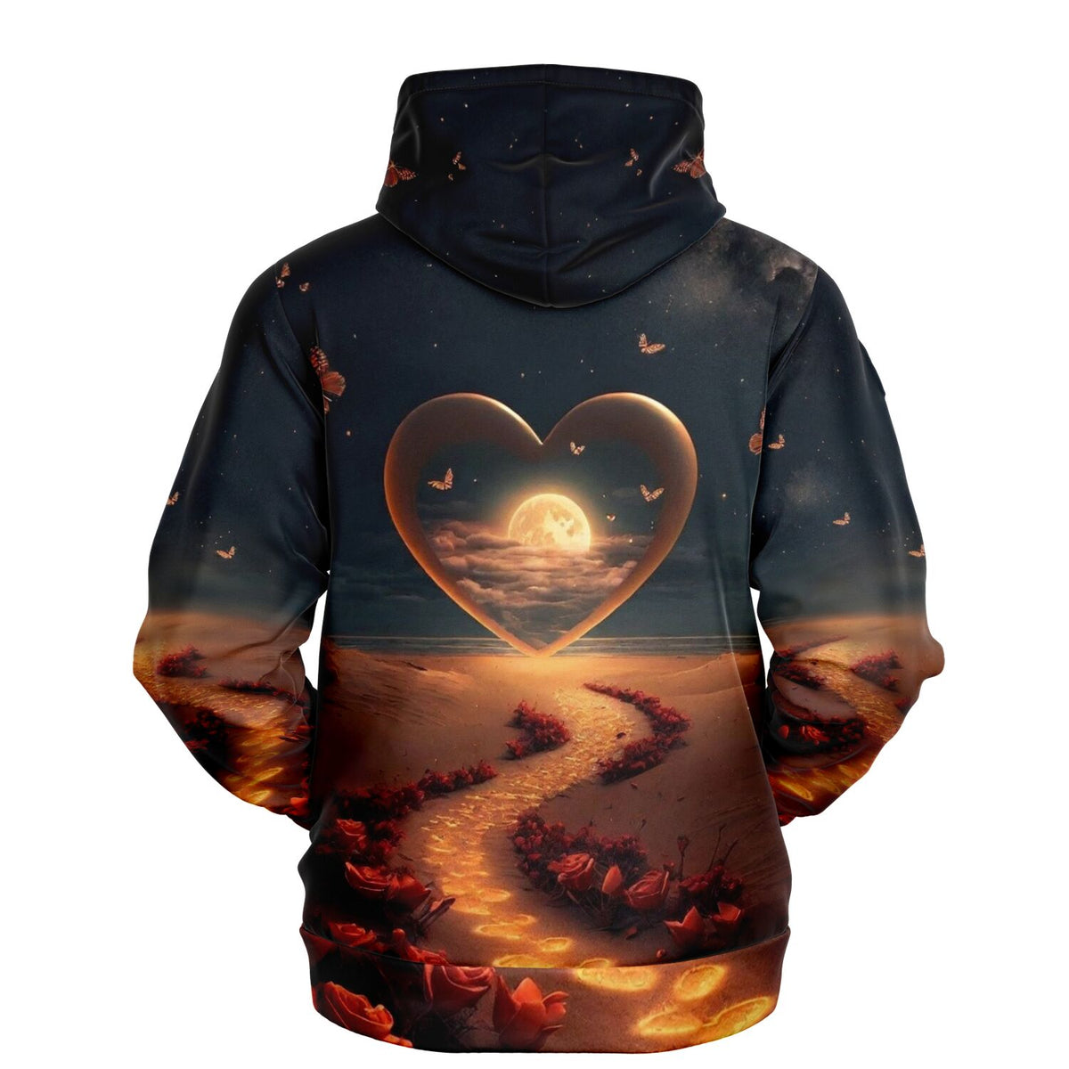 Dreamer Hoodie mit Vollmond-Herz-Motiv, Rosenweg und Schmetterlingen im All-Over-Print Design für Kunstbegeisterte.