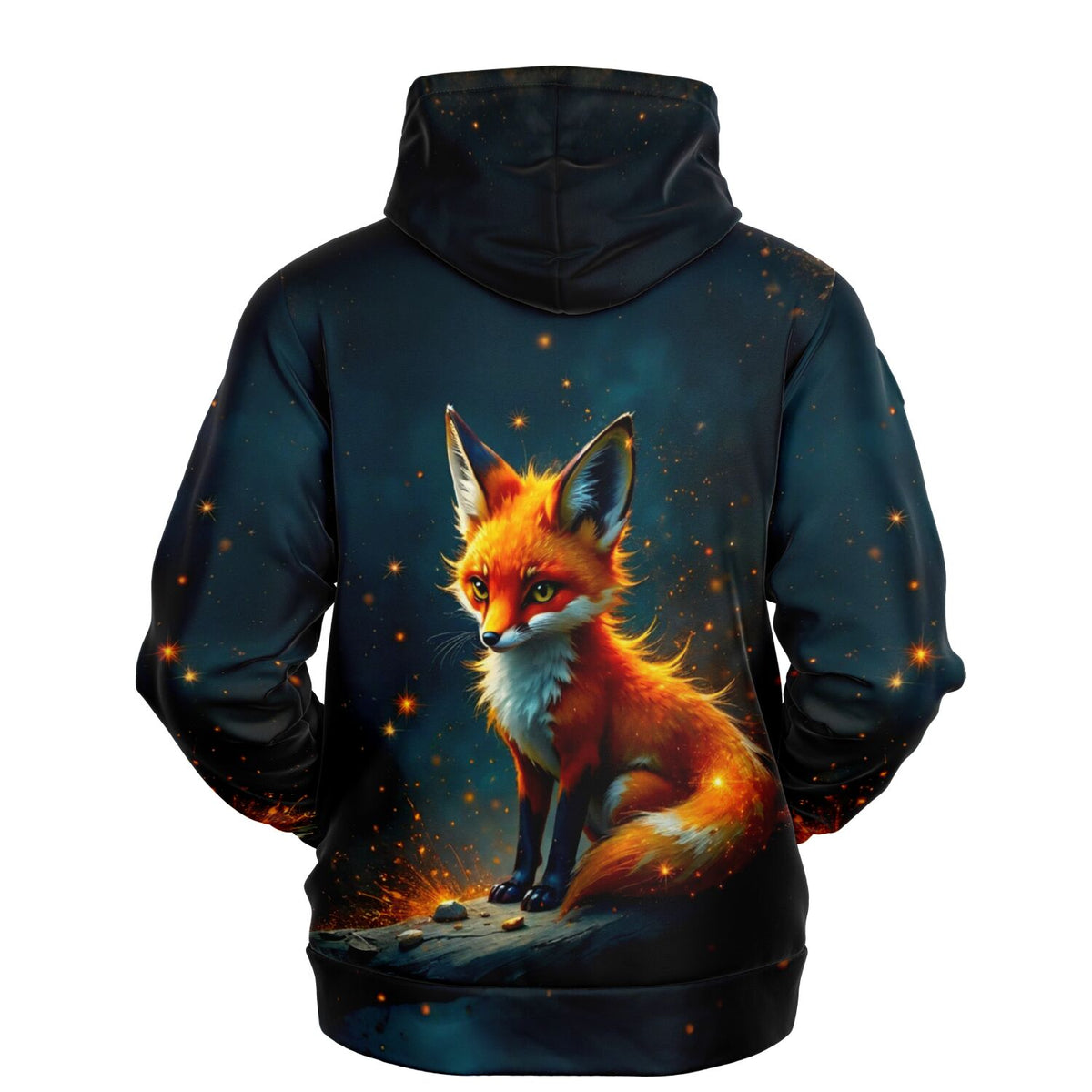 Schwarzer All-Over-Print Hoodie mit sitzendem Fuchs-Motiv, inspiriert durch Diamond Painting und Malen nach Zahlen Stil