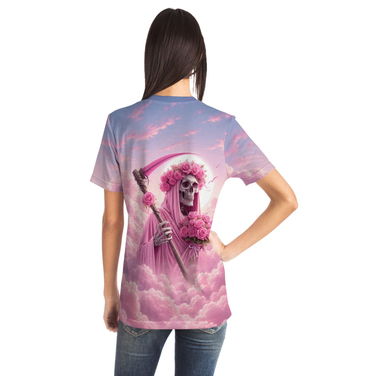 T-Shirt mit Totenkopf, Sensenmann und Rosen Motiv, ideal als Inspiration für Diamond Painting oder Malen nach Zahlen