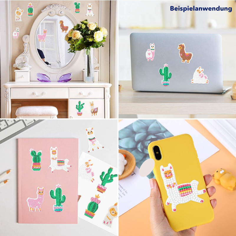 Diamond Painting Sticker Set mit niedlichen Lama- und Kaktus-Motiven dekoriert auf Laptop, Handyhülle und Notizbuch.