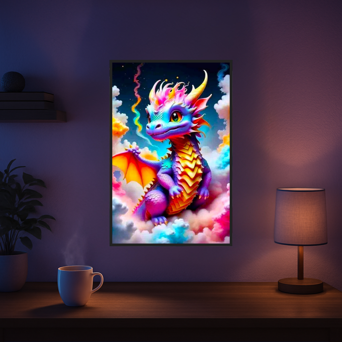 Fertiges Diamond Painting Set eines farbenfrohen Baby-Drachen in den Wolken mit 100 Farben und glitzernden Steinen.