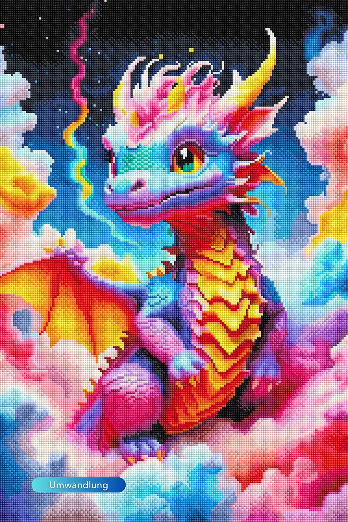 Buntes Diamond Painting Set mit niedlichem Baby Drache Motiv in 100 Farben auf einer 40x60cm Leinwand.
