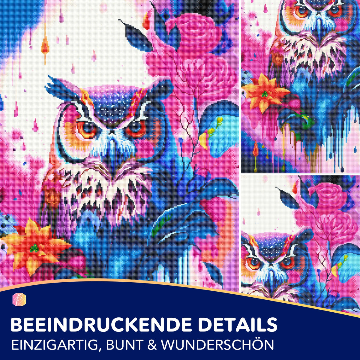 Diamond Painting Eule mit farbenfrohen Blumen als abstraktes Motiv im Detail auf einer 50x75cm Leinwand.