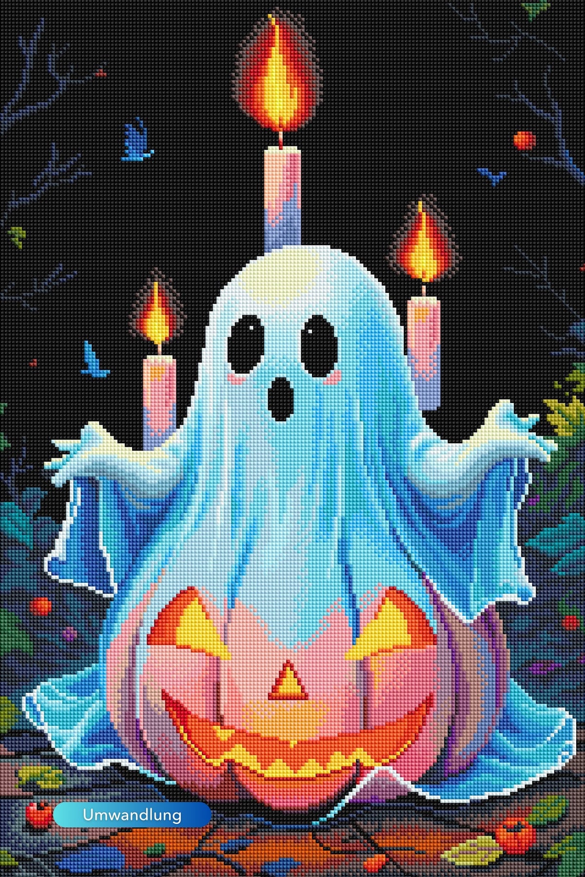 Diamond Painting Set mit süßem Geist und Kürbis sowie brennenden Kerzen im Halloween Design – 40x60cm Glitzersteine